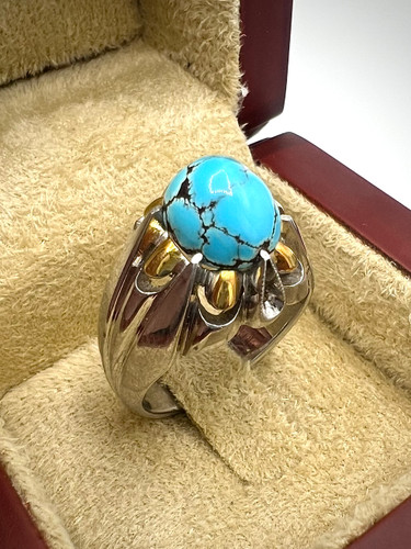 انگشتر فیروزه مردانه نیشابوری شجری| نگین تراش گنبدی